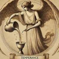 Temperanza An evocative illustration of the 14th Major Arcana Temperance depicted in a classical style inspired by Leonardo da Vincis sketches. The figure is copia
